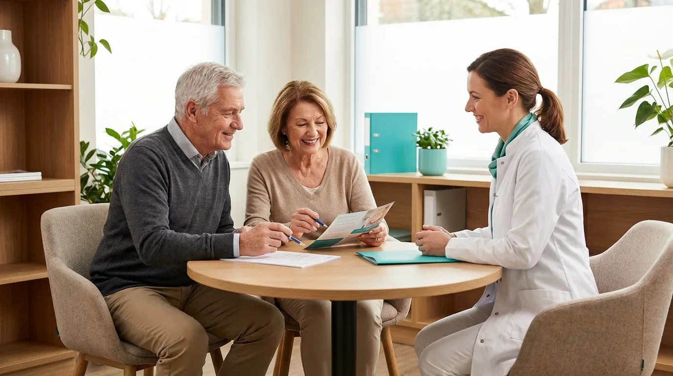 Seniorenpaar in freundlicher Beratungssituation mit Versicherungsberaterin